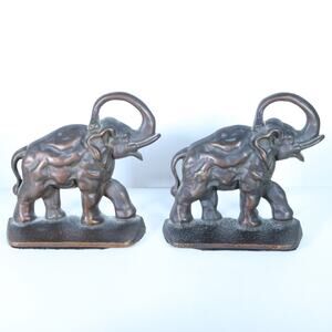 Vintage‎ Brass Colored Cast Metal Elephant Bookends 7.25” Tall